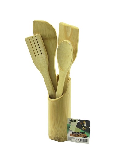 5pcs Ahşap Bambu Mutfak Seti Stand - Kaşık - Çatal - 2 Spatula Fi