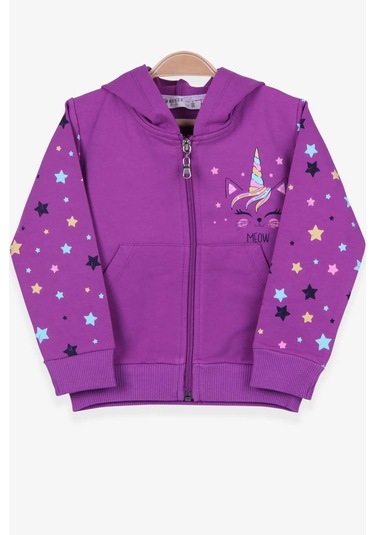 Kız Çocuk Hırka Kolları Desenli Baskılı Mor (1-4 Yaş) Mor