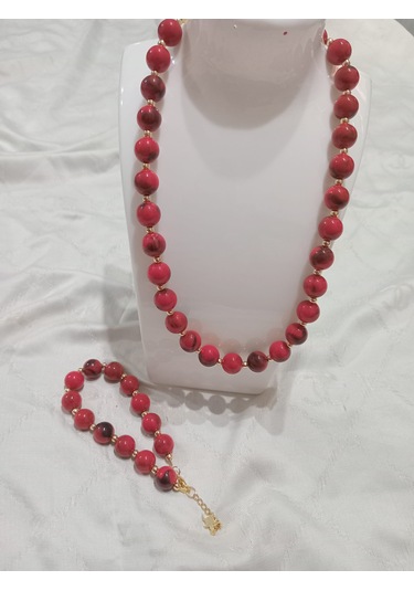 Kırmızı Yuvarlak Kolye Ve Bileklik Takımı Kırmızı