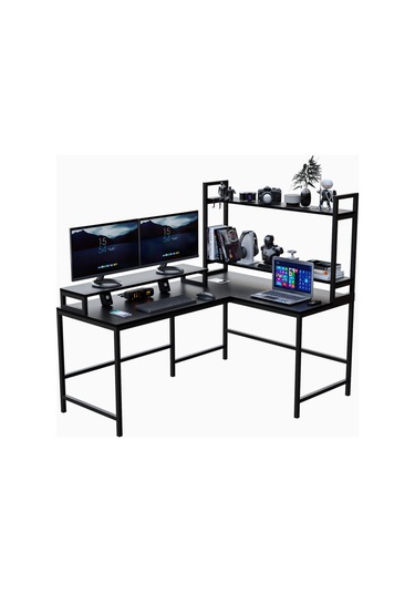 Siyah Raflı L Şekilli Ofis Masası 610 Siyah