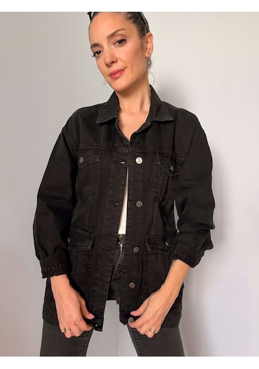 Siyah Kuşak Detaylı Denim Ceket Siyah