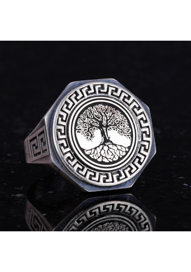 925 Ayar Gümüş Yüzük - Yunan Anahtarı Tasarımı Erkek Yüzüğü - El Yapımı Yüzük Gümüş