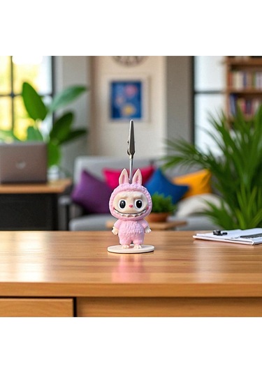 Dekoratif Sevimli Labubu Notluk - Kağıt Tutacağı - Fotoğraf Tutacak Bebek Pembe