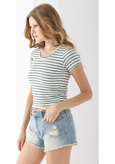 Giysa Kadın Bisiklet Yaka Çizgili Basic Body Yeşil - 25509 Yeşil