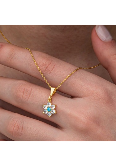 Blackcraft Gümüş Mavi Taşlı Gold Çiçek Kadın Kolye Bc-e74b06 Renkli