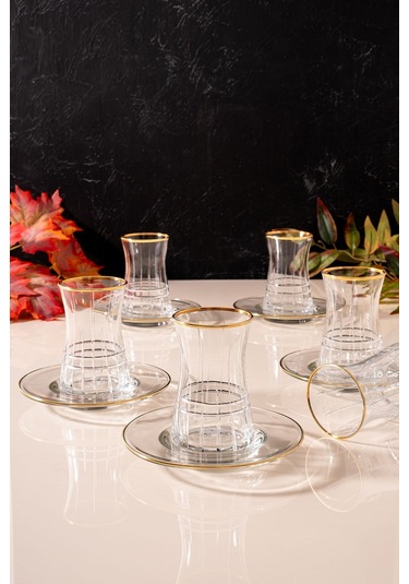 Mest Ilgın 12 Parça 6 Kişilik Yaldızlı Çay Bardağı Seti 132 Cc - Şıklığın Ve Zarafet Kesme Gold