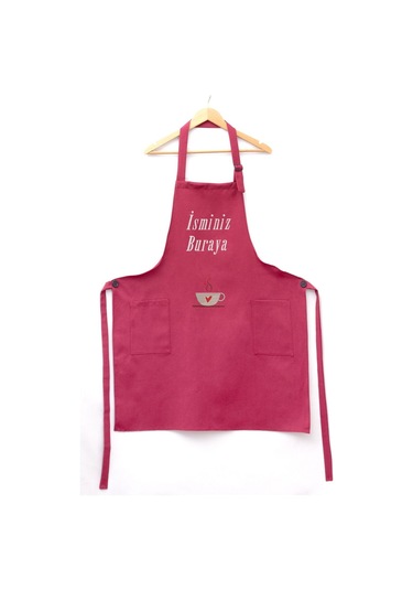 Mutfak Önlüğü Kişiye Ve İsme Özel Nakışlı Mutfak Önlüğü Kalpli Kupa Farklı Renkler Bordo