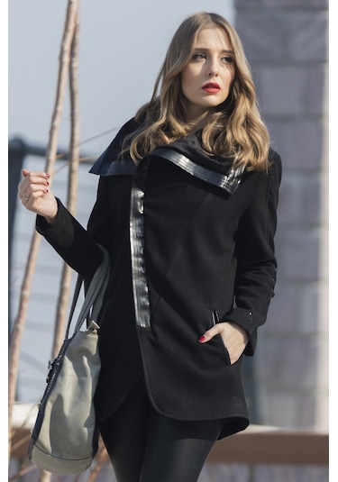 Günlük Kışlık Kaşmir Yaka Kadın Kaban Siyah