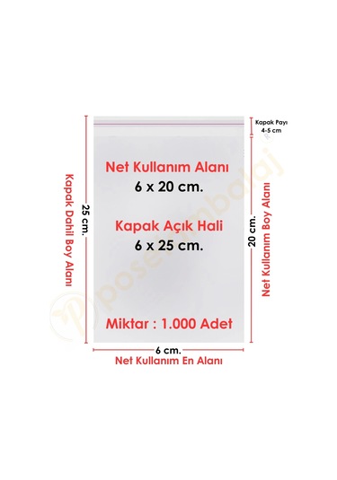 6x20+5 Cm. 6x25 1.000 Adet Şeffaf Bantlı Yapışkanlı Opp Poşet