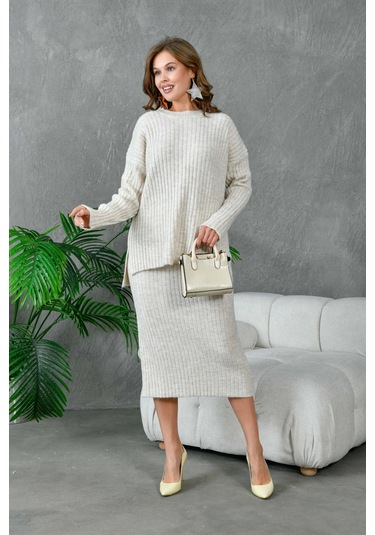 Kadın Bisiklet Yaka Uzun Kazak Etek İkili Triko Takım Taş