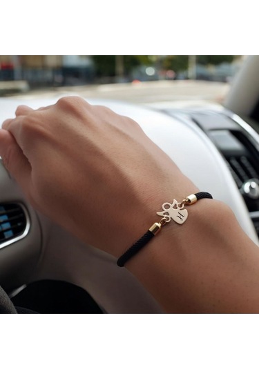 H Harfine Özel Mevlana Motifli Örgü İpli 14 Ayar Altın Plakalı Hediye Bileklik-319harf-siyah Altın