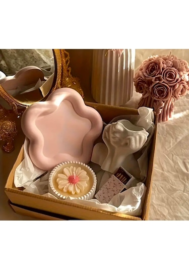 Dekoratif Set Çiçek Takı Tabağı & İskandinav Vazo & Papatya Mum