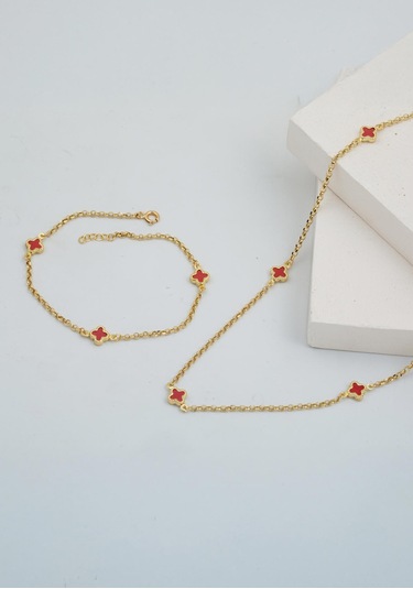 Bilezikci Kırmızı Yoncalı 14 Ayar Altın Kolye Bileklikli Set