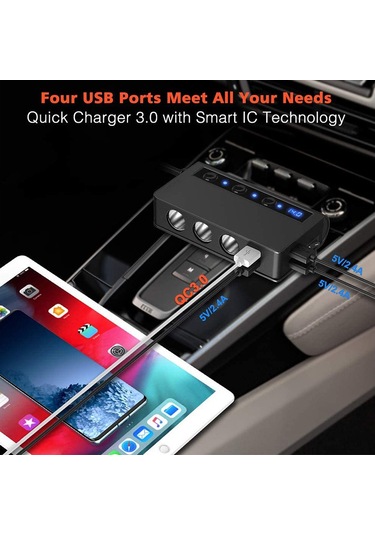 Ranyeek 180w Araç Şarj Cihazı - 4 Usb Qc3.0 Dahil 12-24v Led Voltmetre Ve Sigara Ateşleyici Fonksiyonu Siyah Lacivert - Turuncu