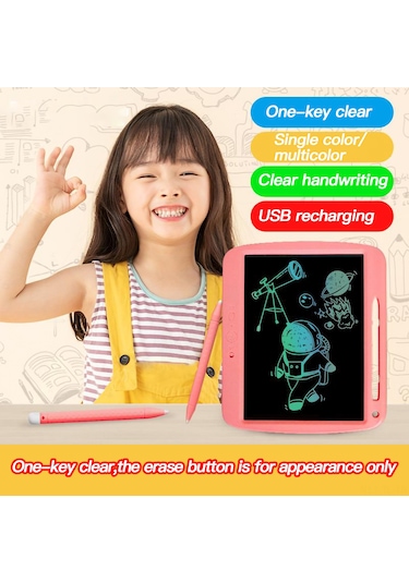 Hombey 9 İnç Pembe Renkli Lcd Çocuk Yazma Tahtası - Usb Şarjlı, Akıllı Göz Korumalı, Tek Tuşlu Kilit Ve Temizleme, Parlak Film, Çift Uçlu Kalem Pembe