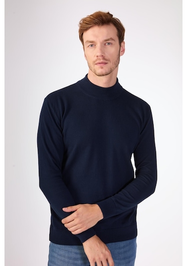 Dufy %100 Pamuk Düz Erkek Triko - Slim Fit Lacivert
