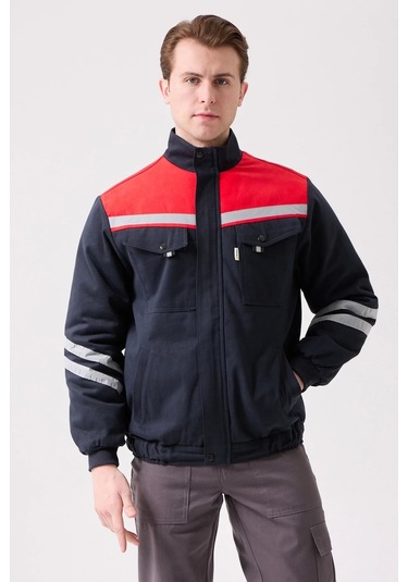 Kışlık İş Montu Grikırmızı Reflektörlü Gabardin Royal Mont İçi Kapitoneli Sıcak Tutan Lacivert-Kırmızı