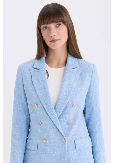DeFacto Regular Fit Ceket Yaka Tweed Blazer Ceket E5331AX25SPBE196 Mavi DeFacto Regular Fit Ceket Yaka Tweed Blazer Ceket E5331AX25SPBE196 Mavi