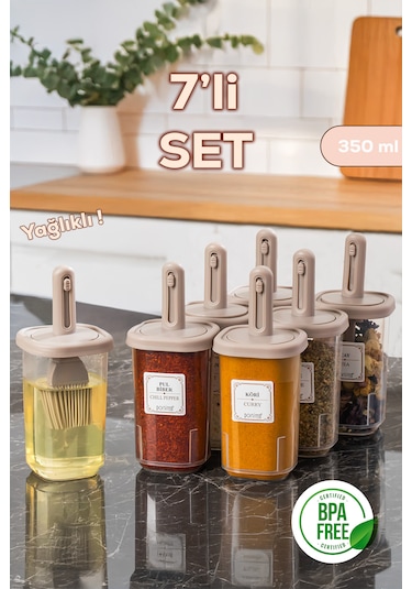 Porsima 4366 7 Li Kaydırmalı Kaşıklı Sızdırmaz Kapaklı Etiketli Baharatlık Seti - Saklama Kabı Cappuccino