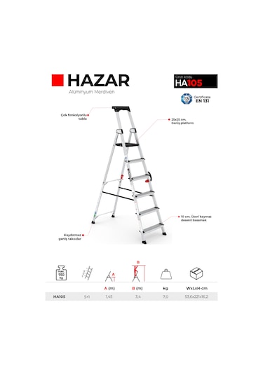 Çağsan HA105 5+1 Basamaklı Hazar Alüminyum Merdiven