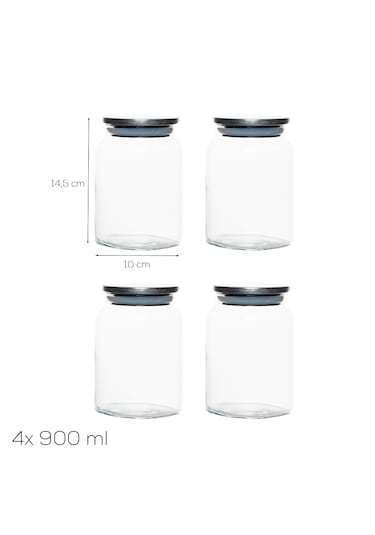 Porsima 4402 Bormio Metal Kapaklı 4lü Cam Kavanoz Seti Vakum Kapaklı Saklama Düzenleme Kabı Seti 900ml Şeffaf