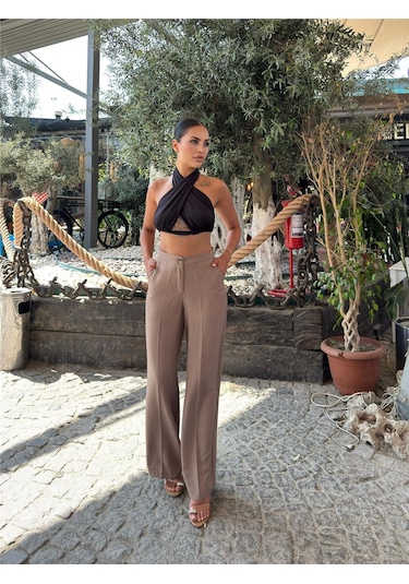 WeShaya Vizon Keten Düz Paça Pantolon Vizon