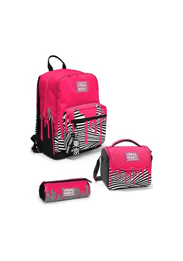 Coral High Pembe Siyah Beyaz Desenli 3 Lü Okul Çanta Seti Set0123678 Pembe - Siyah