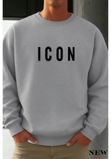 Icon Baskılı Bisiklet Yaka Sweatshirt Gri