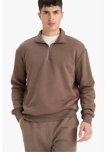 Defacto Regular Fit Dik Yaka Yarım Fermuarlı İçi Yumuşak Tüylü Basic Düz Sweatshirt X7405az25aukh154 Haki