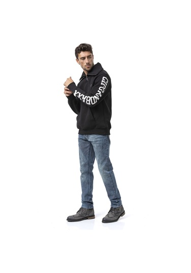 Cl605 Erkek Yarım Fermuarlı Sweatshirt "legendary" Kol Baskılı Ve Göğüs Logolu Kazak Siyah