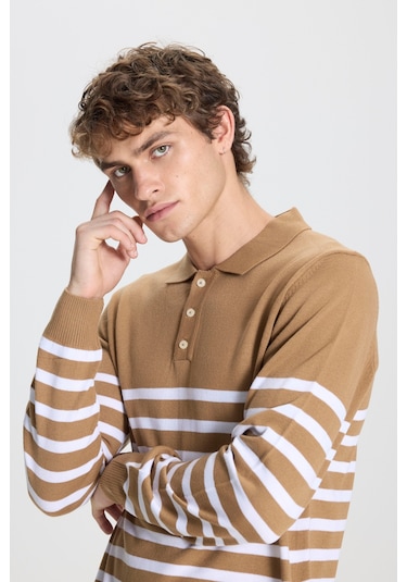 AC&Co / Altınyıldız Classics Erkek Vızon-ekru Standart Fit Normal Kesim Polo Yaka Çizgili Triko Kazak Vizon - Ekru