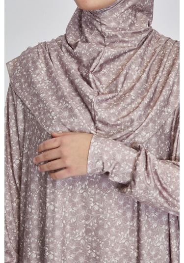 Pratik Tek Parça Çiçek Desenli Namaz Elbisesi Bej