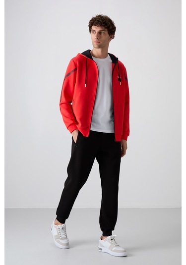 Tommy Life Fiesta - Siyah Pamuklu Kalın Yumuşak Dokulu Comfort Fit Baskılı Erkek Eşofman Takım - 85236 Kırmızı - Siyah