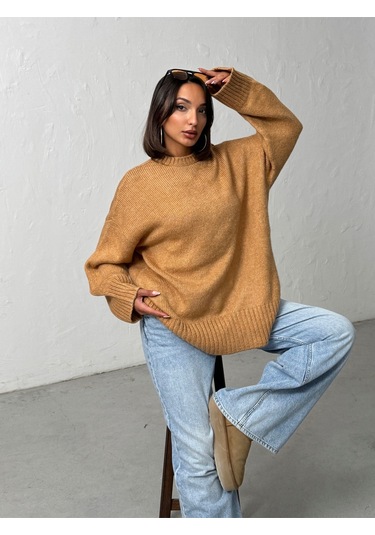 Kadın Yumuşak Dokulu Bisiklet Yaka Oversize Basic Triko Kazak Camel