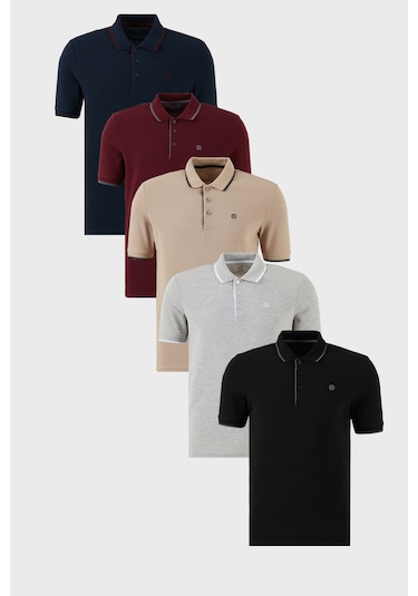 Buratti Pamuklu Slim Fit Şerit Detaylı Düğmeli Polo Yaka 5'Li Paket Erkek T Shirt 5902118S5 Siyah-Vişne-Gri Melanj-Vizon-Lacivert-Bordo
