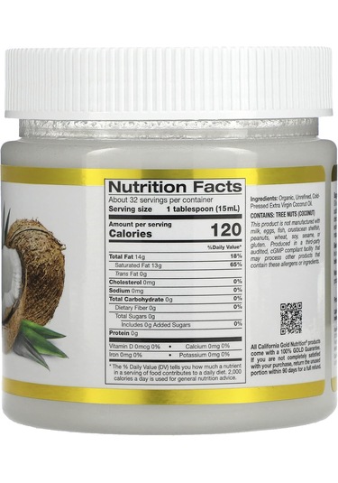 California Gold Nutrition Superfoods Cold Pressed Organic Virgin Hindistan Cevizi Yağı Coconut Oil 473 Ml