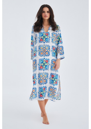 Peraluna RIA CAFTAN Çini Desenli Derin Yırtmaçlı Saten Kadın Kaft Çok Renkli