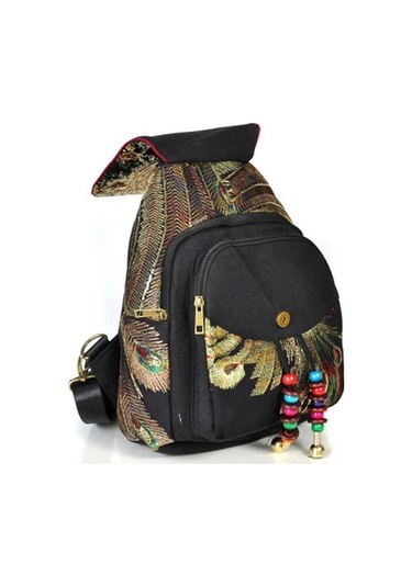 Luckydog Moda Mavi Sırt Çantası Kadın Nakış Tavuskuşu Büyük Kapasiteli Seyahat Çantası Mavi