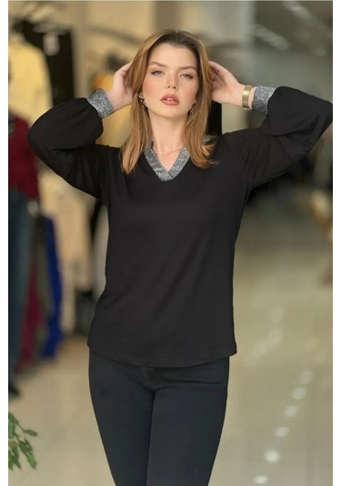 Yakası Ve Kol Uçları Simli Bluz Siyah