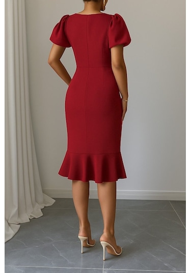 Ahes Shopping Kadın Kısa Kollu Yuvarlak Yaka Pileli Janjan Krep Elbise Kırmızı