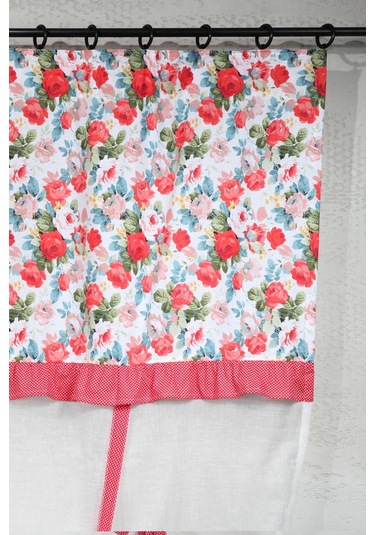 Naturel Potlu Tül Perde Spring Fırfırlı Çiçek Kırmızı