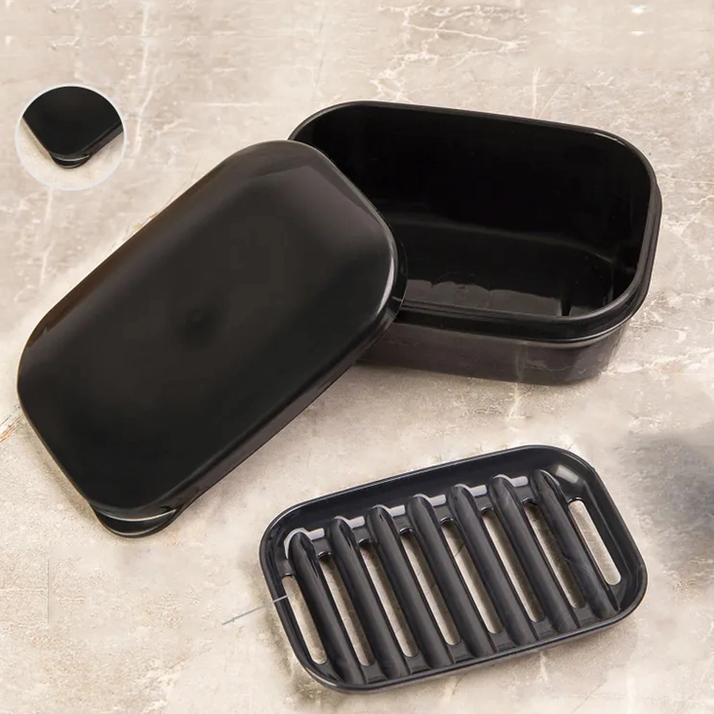Kosona Seyahat Kapaklı Sabun Kutusu, Çift Katlı Plastik, Islak Olmamasını Engeller, Seyahat İçin Uygun, Kare Şekil, Tıkanıklanabilir Kapağı Siyah