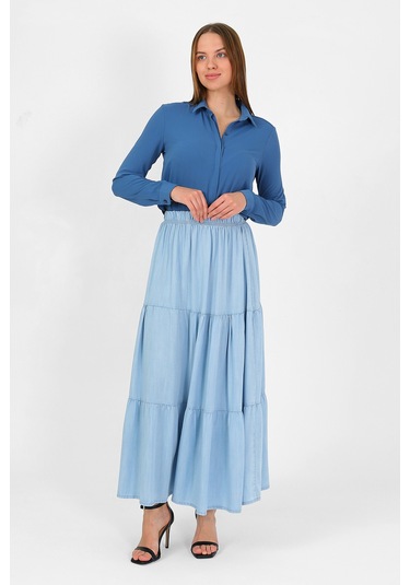 Beli Lastikli Büzgülü Tensel Etek Açık Mavi
