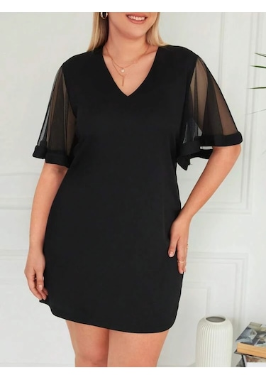 Kadın Tüllü Kısa Kollu V Yaka Krep Elbise Siyah
