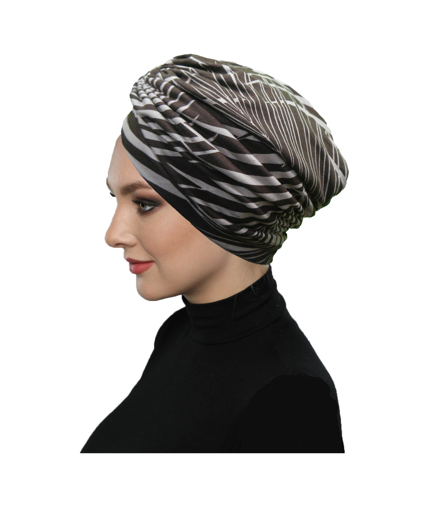 Zebra Luxe Desenli Çapraz Ve Bant Detaylı Astarlı Hazır Türban Tesettür Havuz Bonesi Kahverengi-bej