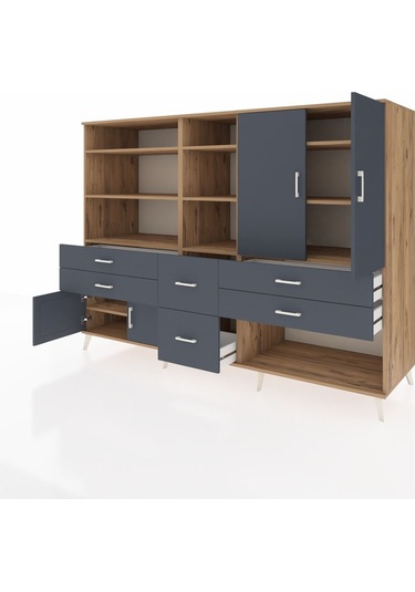 Kronos Dolap 10 Raflı 6 Çekmeceli 4 Kapaklı 220x59x163 Çam-antras Çam-antrasit