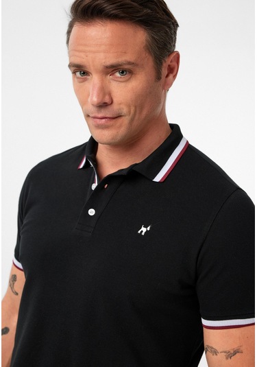 Javeir Erkek Regular Fit Çizgi Detaylı Polo Yaka T-shirt Siyah