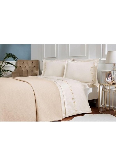 Yatak Örtülü Nevresım Takımı Amanda Bej Antrasit