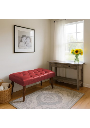 Bench - Deri Kumaş - 45x90 - Ahşap Ayaklı Modern Bank - Kırmızı