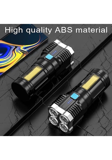 Teltree Dört Led Işık Ve Cob Yan Lambalı Usb Şarjlı El Feneri, Yüksek Parlaklık, 4 Seviye Aydınlatma, Outdoor Ve Ev Kullanıma Uygun Siyah